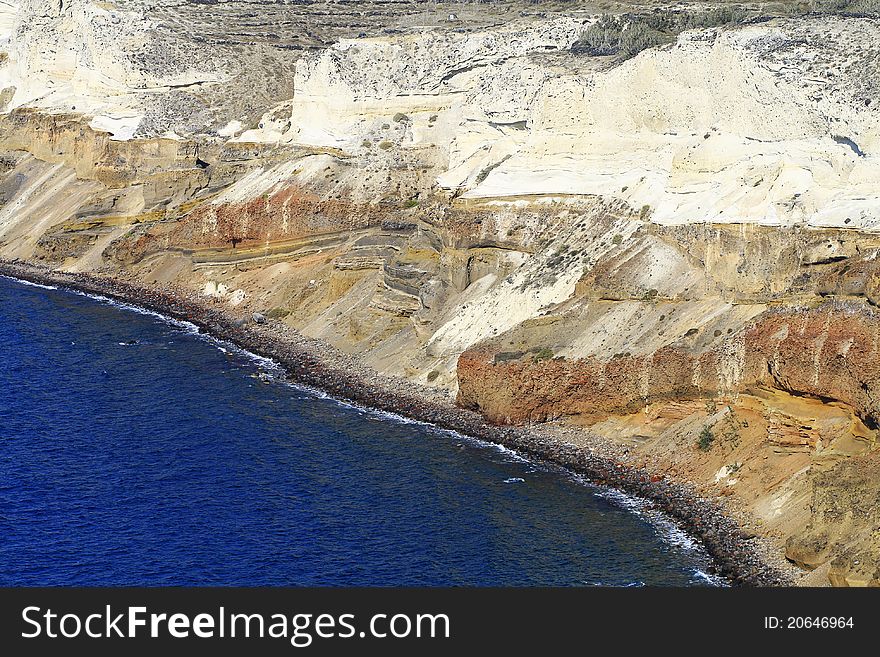 Greek shore line in Santorini, detail of the Red Beach