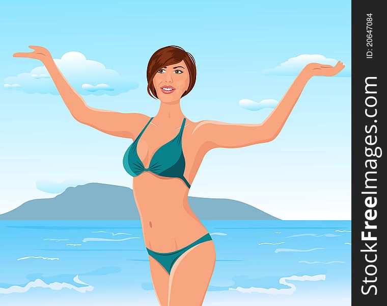 Illustration pretty girl on the beach - vector