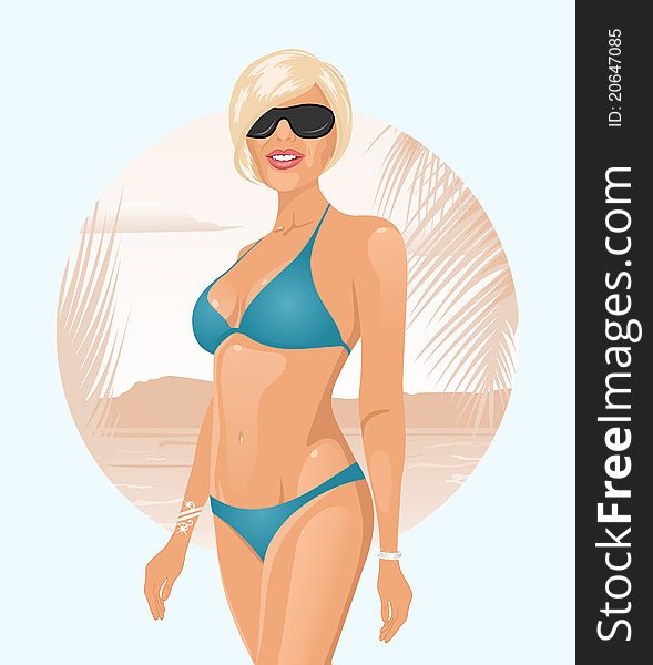 Illustration pretty girl on summer background - vector