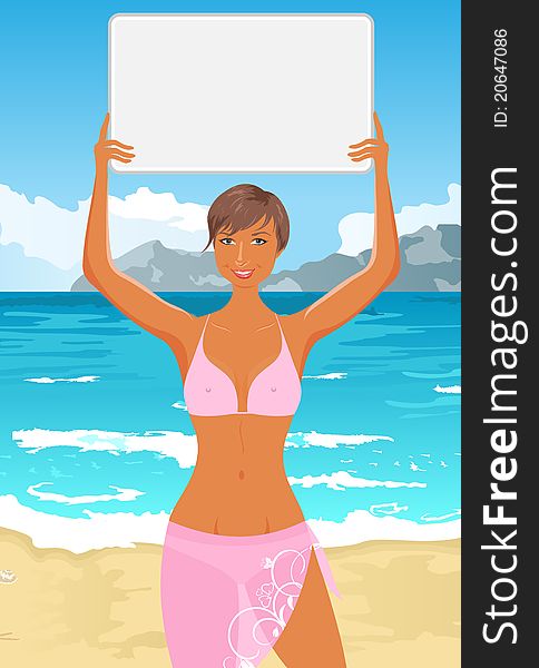 Illustration girl in bikini with banner on the beach - vector