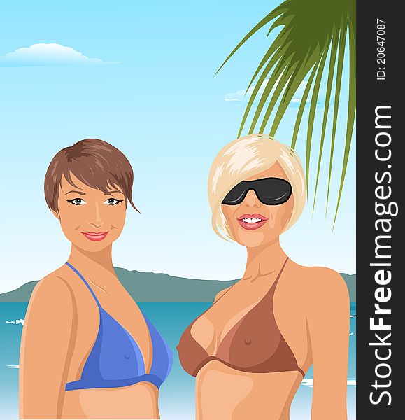 Illustration two girls on the beach - vector