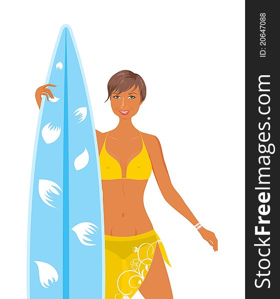 Illustration cool girl in yellow swimsuit with surfboard in her hand, isolated - vector. Illustration cool girl in yellow swimsuit with surfboard in her hand, isolated - vector