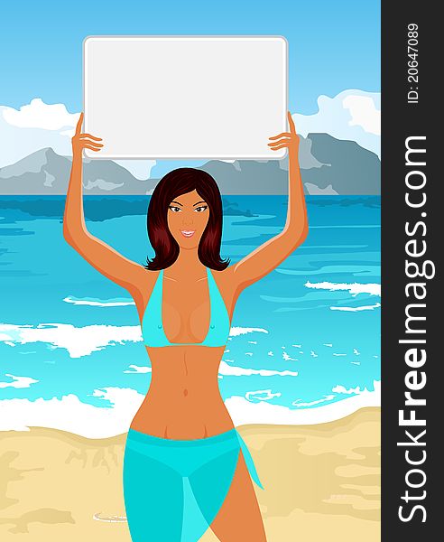 Girl In Bikini With Banner On The Beach