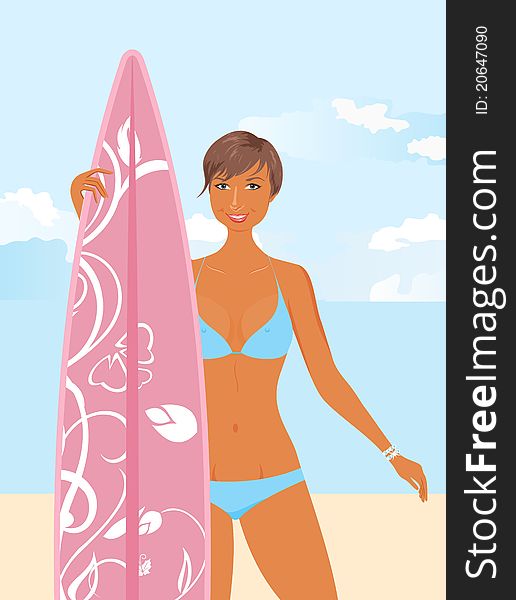 Girl with surfboard in her hand