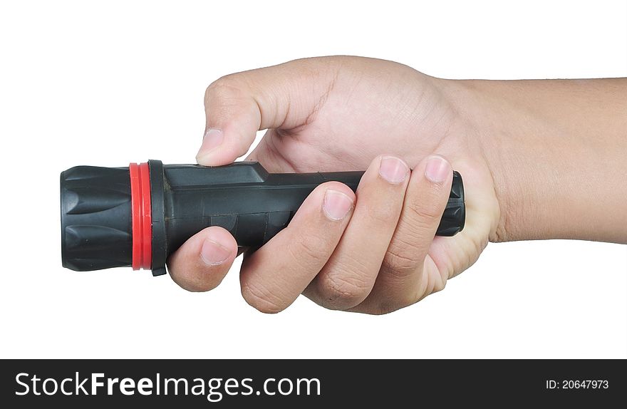 Flashlight in hand isolated on white background. Flashlight in hand isolated on white background