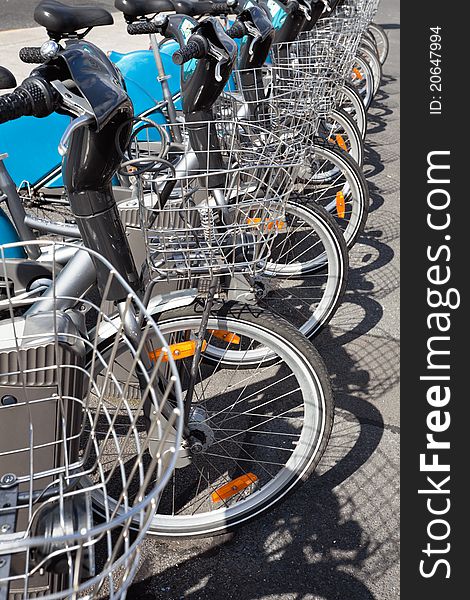 Row of City Bikes for rent at the parking in Dublin. Row of City Bikes for rent at the parking in Dublin