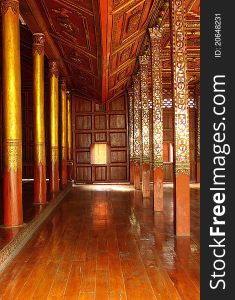 Interior of Thai wooden temple