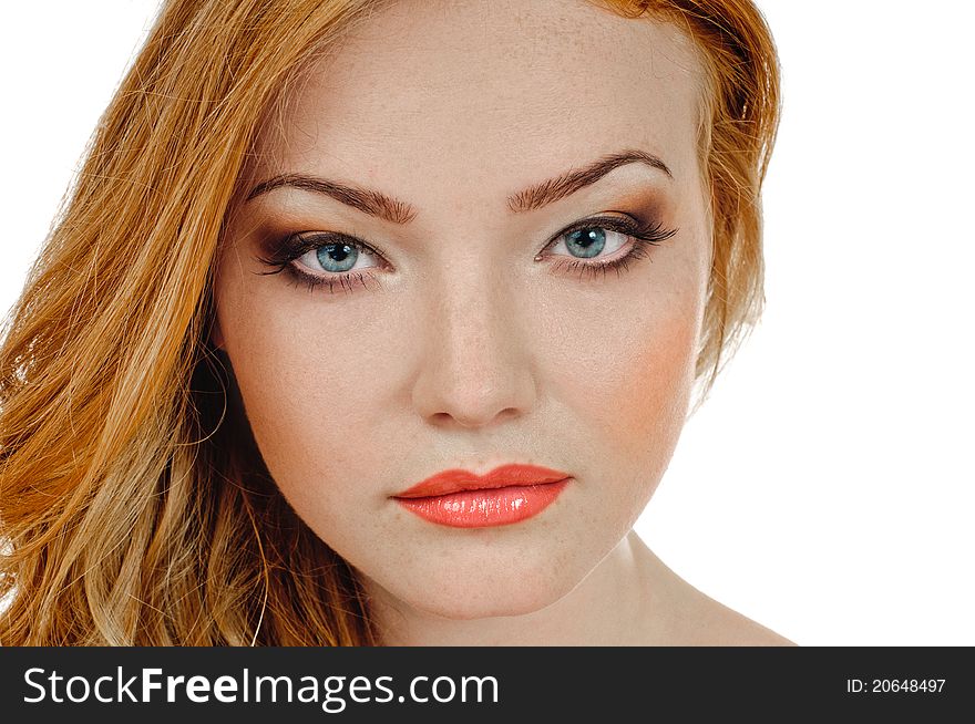 Portrait of redheaded beautiful girl on white. Portrait of redheaded beautiful girl on white