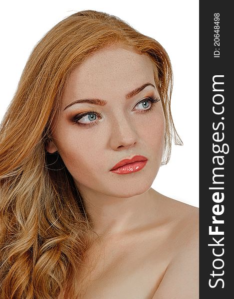 Portrait of redheaded beautiful girl on white. Portrait of redheaded beautiful girl on white