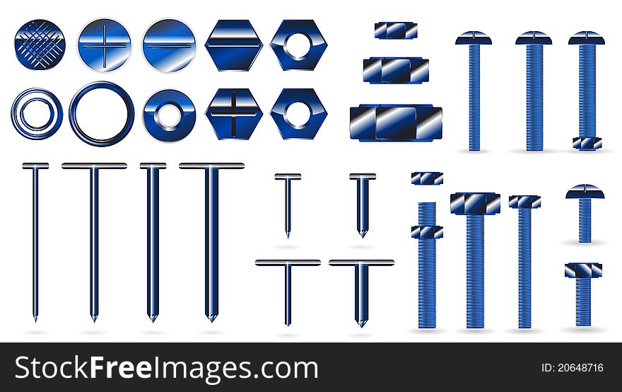 Set of blue screws and nails