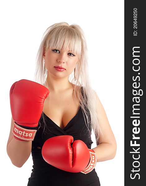 Stylish, glamour girl In boxing gloves on a white background, looks at you. Stylish, glamour girl In boxing gloves on a white background, looks at you