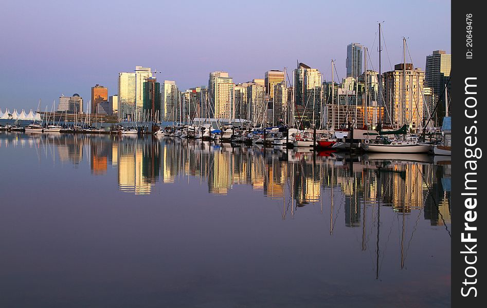 Vancouver evening skyline and boats in Canada BC. Vancouver evening skyline and boats in Canada BC