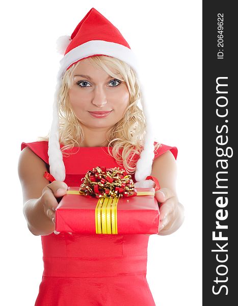 Christmas girl with gifts isolated on white
