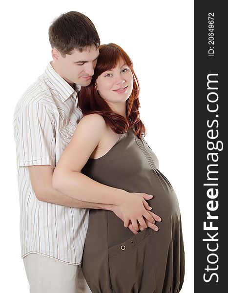 Happy pregnant couple isolated on white background