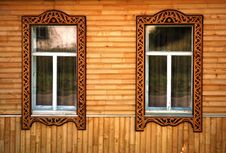 Two Windows With Wooden Platbands Stock Images Two Windows With Wooden Platbands Stock Images