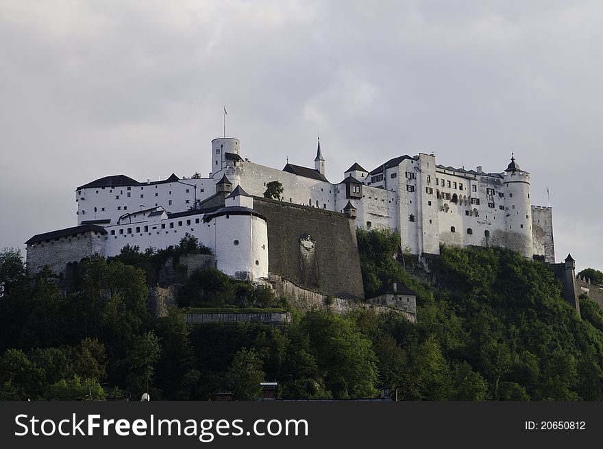 Salzburg Castle on a cloudy day in Austria.