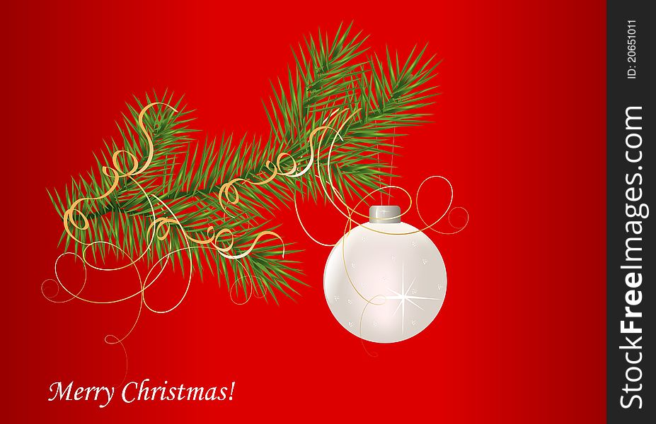 Fir branch , silver Christmas ball and tinsel on red background. Fir branch , silver Christmas ball and tinsel on red background