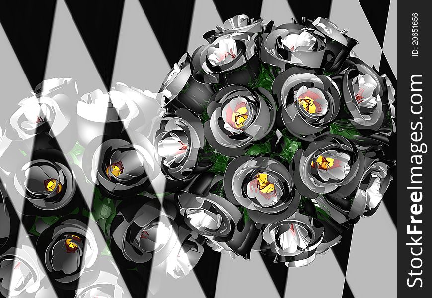 3D image of a bouquet of dark roses over reflective chess background. 3D image of a bouquet of dark roses over reflective chess background