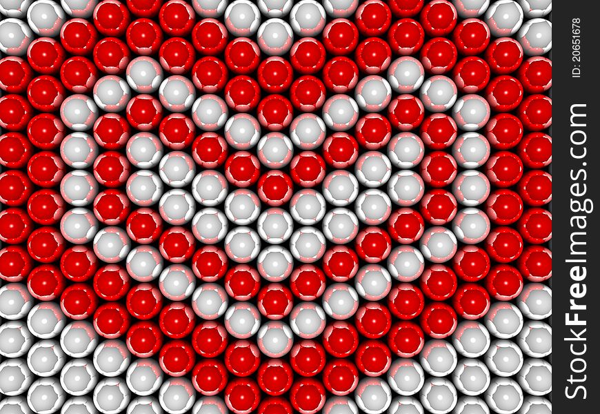 3D image of love hearts made of reflective balls or red and white colours. 3D image of love hearts made of reflective balls or red and white colours