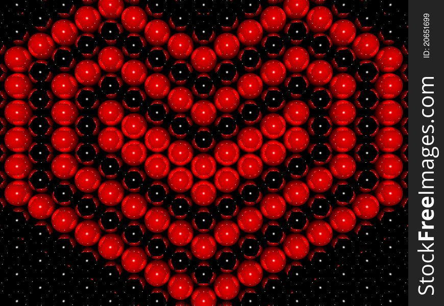 3D image of love hearts made of reflective balls or red and blackcolours. 3D image of love hearts made of reflective balls or red and blackcolours