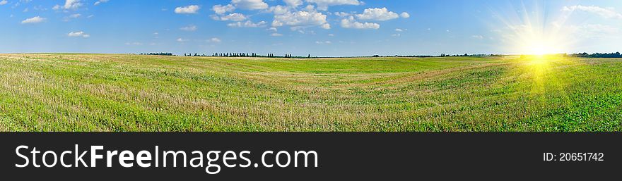 Panorama of mown field of wheat and amazing blue sky with white clouds. Panorama of mown field of wheat and amazing blue sky with white clouds.