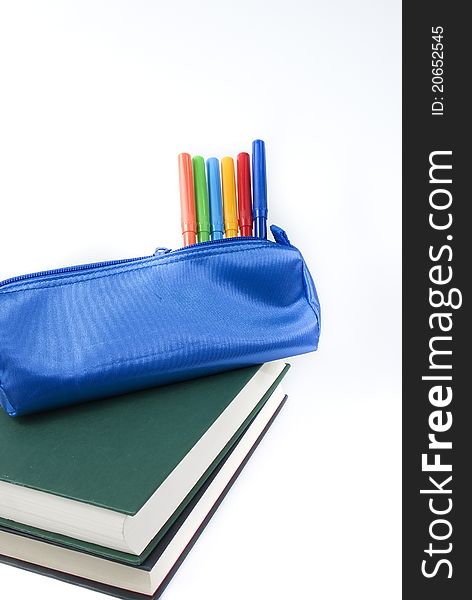 Color pens, case and green books ( Back to school concept ). Color pens, case and green books ( Back to school concept )