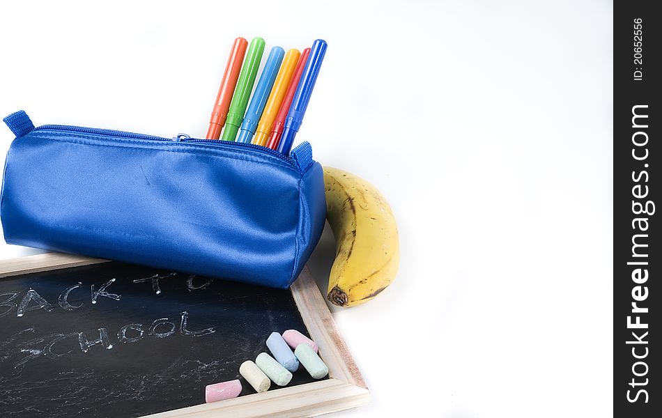 Color pens and blue case ( Back to school concept ). Color pens and blue case ( Back to school concept )