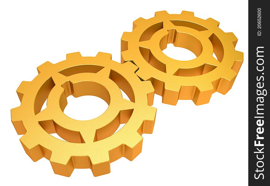 Two gold gears isolated on a white background