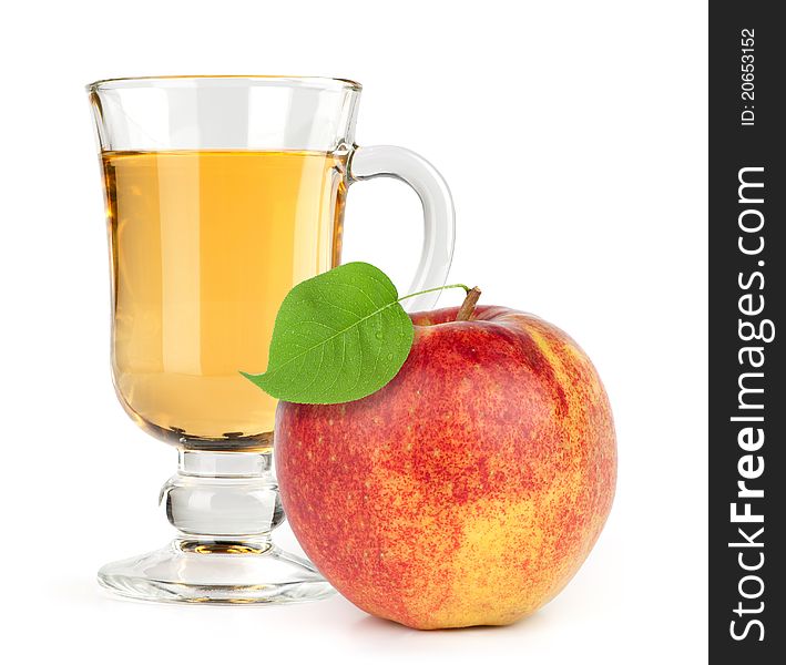 Red apple fruit with juice on white