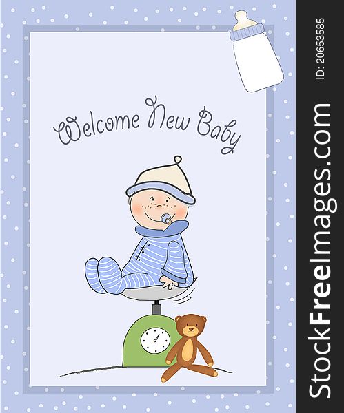 Welcome baby boy card with scale and teddy bear. Welcome baby boy card with scale and teddy bear