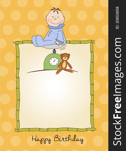Little boy anniversary card with scale and teddy
