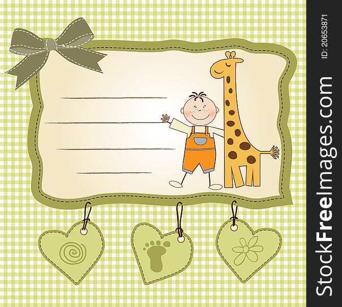 Welcome new baby card with boy and giraffe