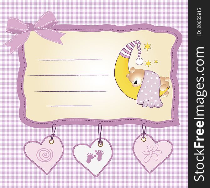 Welcome new baby girl, announcement card with teddy bear