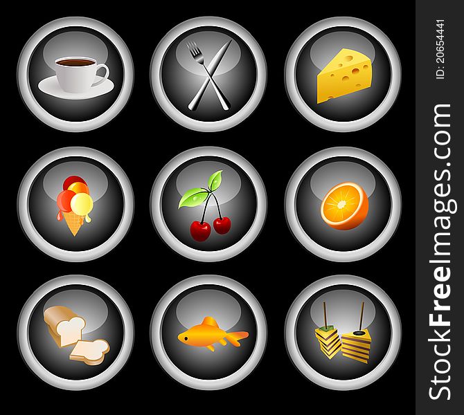 Food icon set on glossy buttons