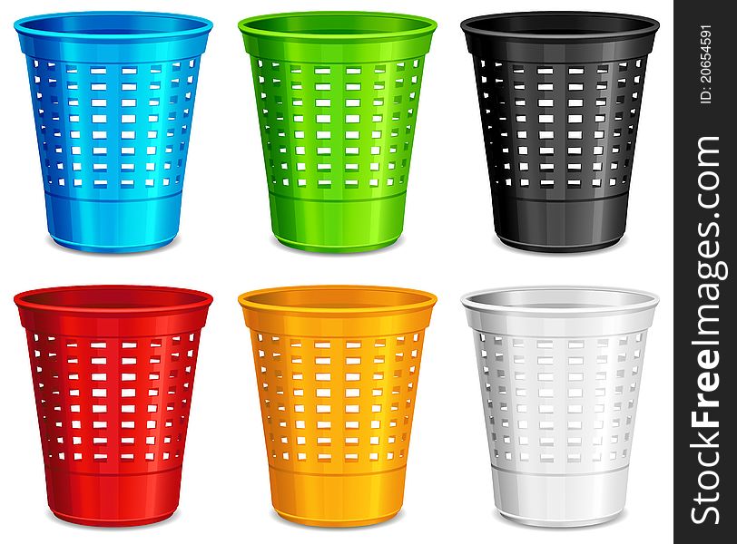 Color plastic basket, trash bins on white background, illustration