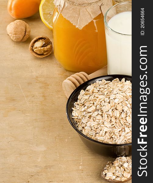 Cereals and healthy food on wood texture