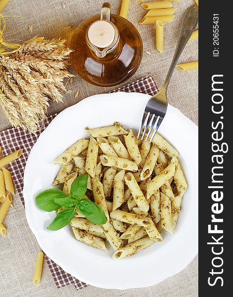 Penne with pesto.