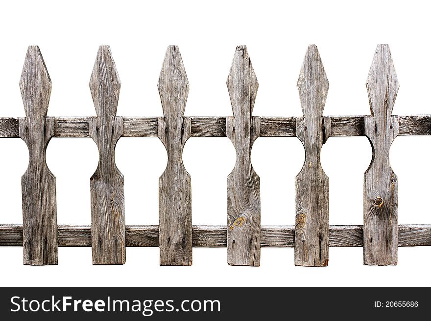 Old weathered wooden fence isolated on white background