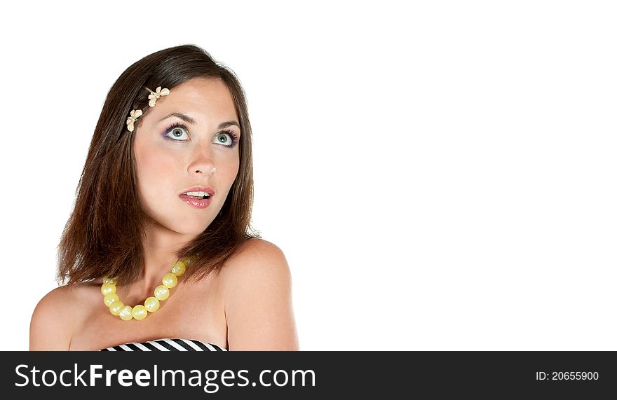 Beautiful young woman against white background