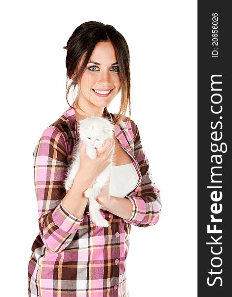 The girl with a white kitten on white background