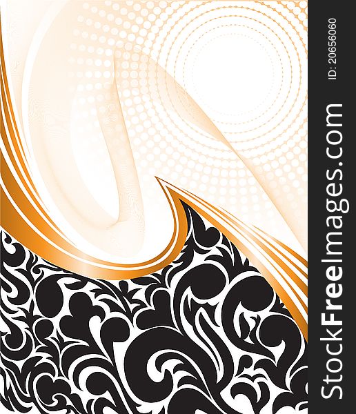 Abstract background with black ornaments and orange waves. Abstract background with black ornaments and orange waves