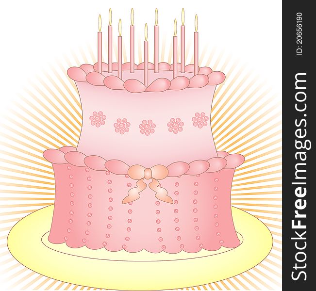 Tall festive  pink cake with candles