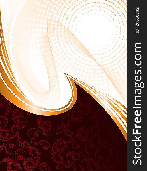 Abstract red background with ornament and orange waves. Abstract red background with ornament and orange waves