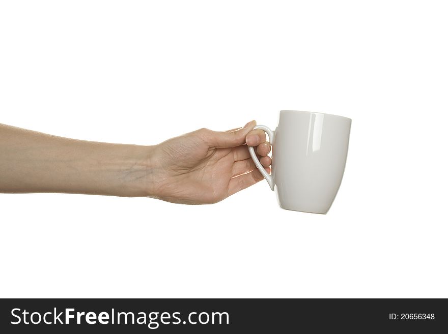 White cup in his hand. Isolated on white background. White cup in his hand. Isolated on white background