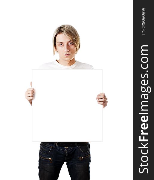 Young handsome guy with empty board