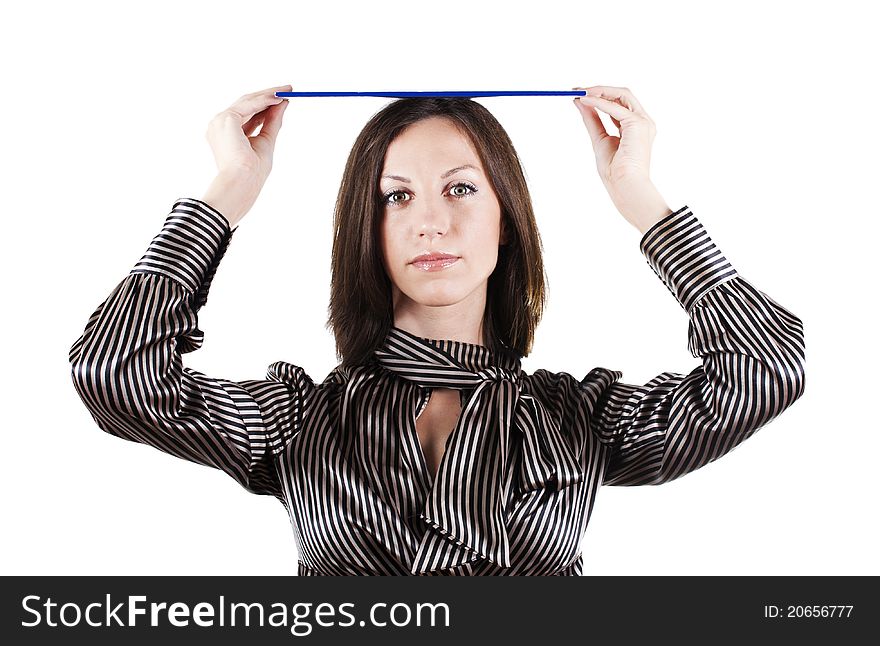 Young businesswoman with folder over head