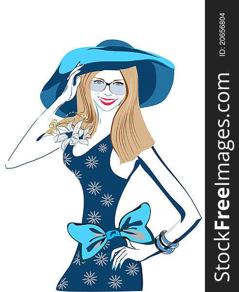 Woman in blue hat with funny bow
