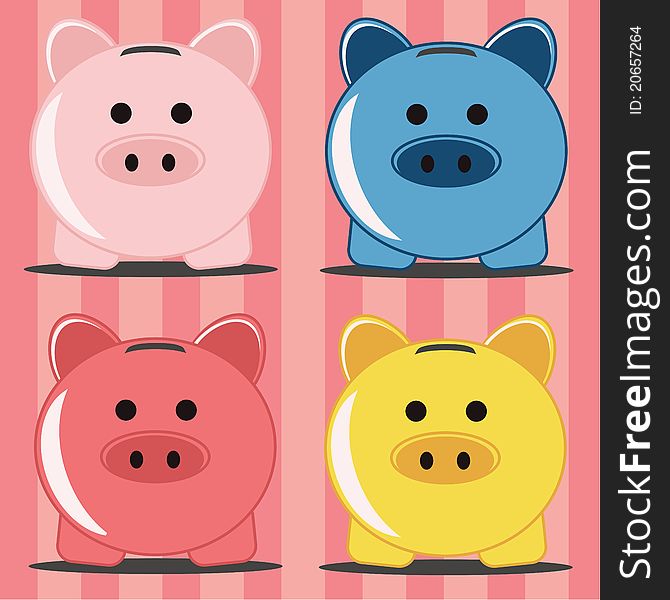 Four different colored piggy banks on striped background. Four different colored piggy banks on striped background