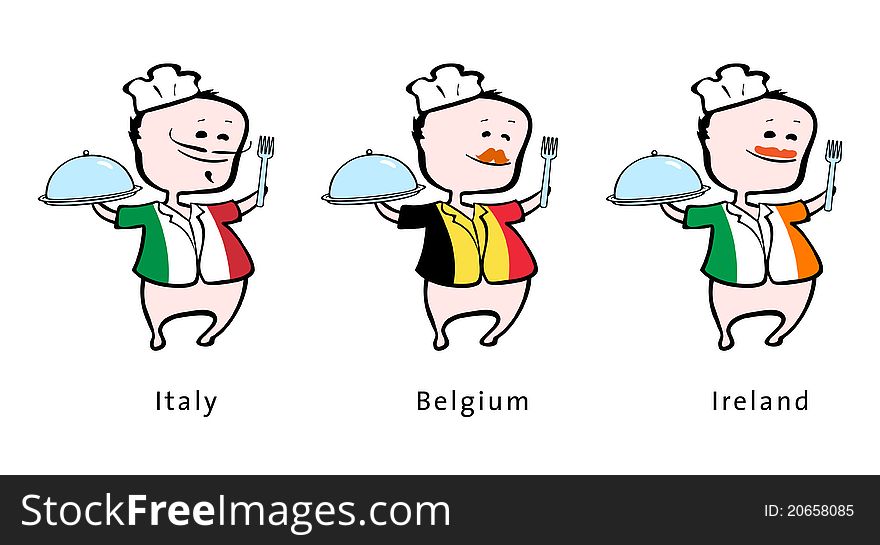 Chef of restaurant from Italy Belgium, Ireland - vector illustration - An italian chef, a belgium chef, an irish chef