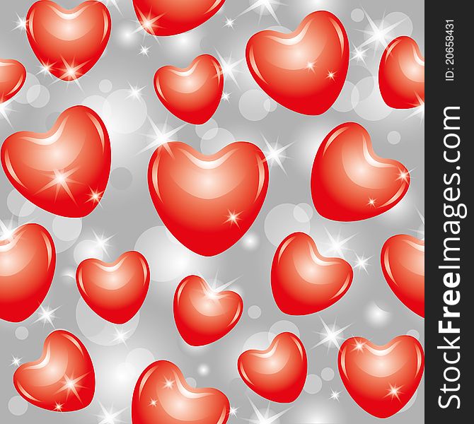 Shiny seamless pattern with beautiful red hearts